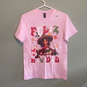 NWT Feliz Navidad Womens Christmas Festive Holiday Crew Neck T-Shirt Pink Small‎